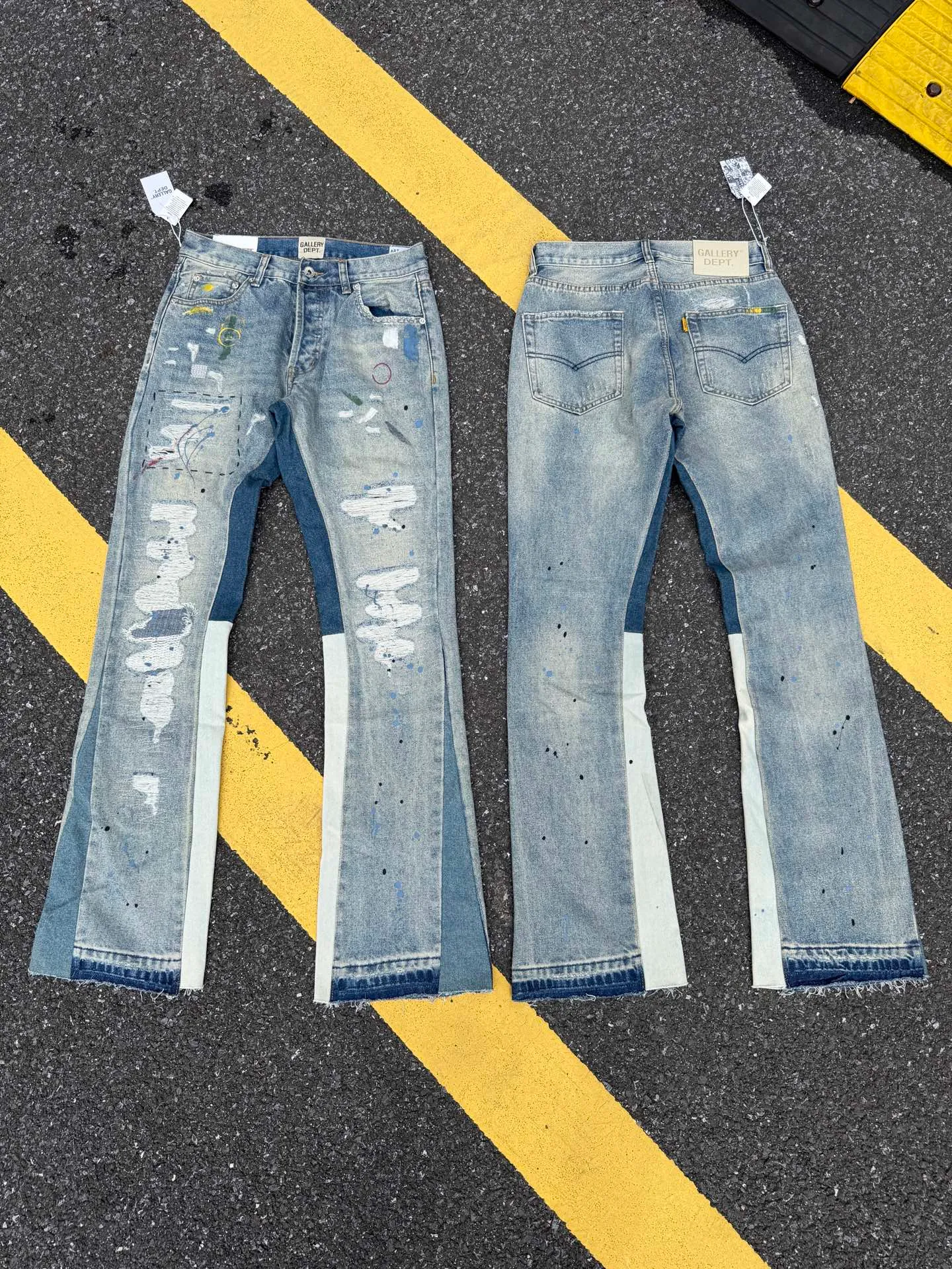 P300💰GA02 Top heavy industry GALLERY DEPT. Spliced ​​ink splash paint hand-stitched holes washed retro jeans men and women high street splash ink pants micro-flared casual trousers trendy couple same style Size: 28 30 32 34 36 (corresponds to S M L XL XXL)